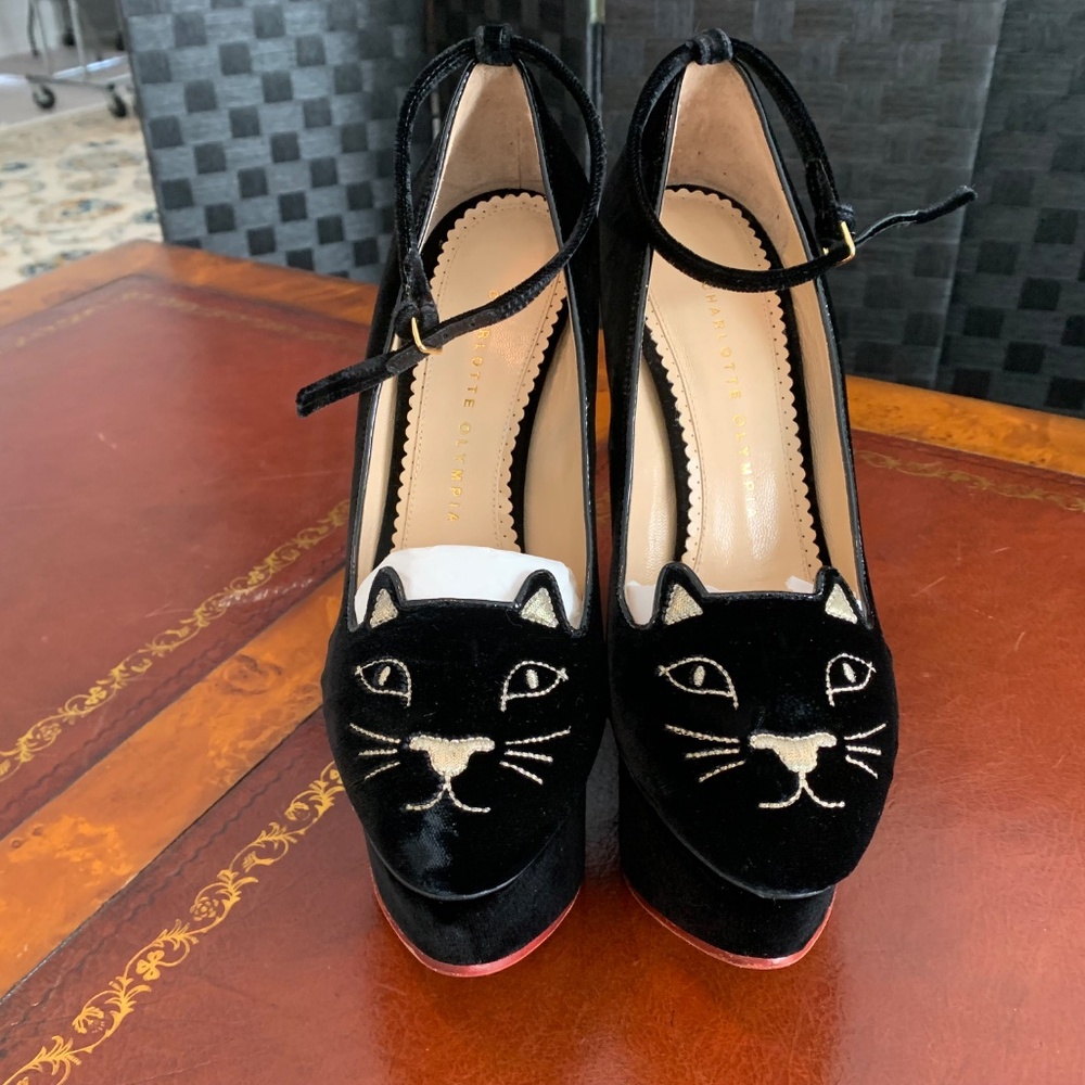 Charlotte Olympia Tessa Black Velvet Platform Shoes, Size 39 1/2